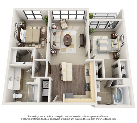 Floor plan for 2 beds, 2 baths, 1045 sqft